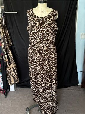 Sleeveless Leopard Print Maxi Dress - Brown/Cream